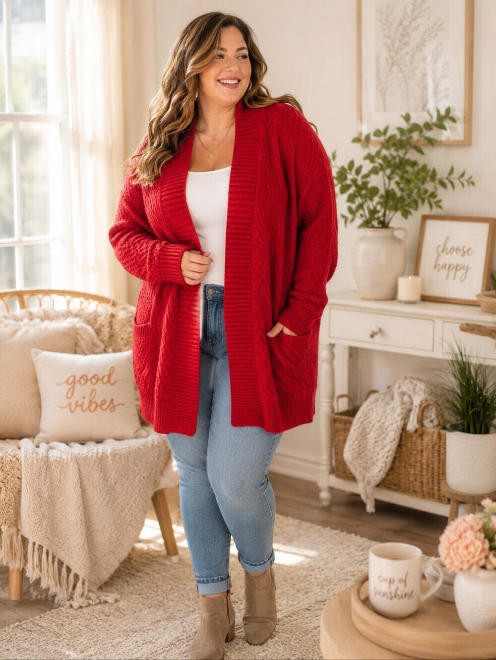 Talbots Woman Plus Size Red Open Front Cardigan Sweater 2X Cozy Knit